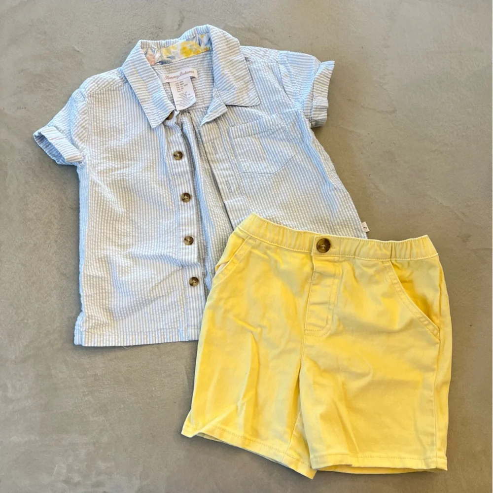 TOMMY BAHAMA Baby 2pc Summer Outfit, Seersucker Shirt‎ w/ Yellow Shorts, 18m